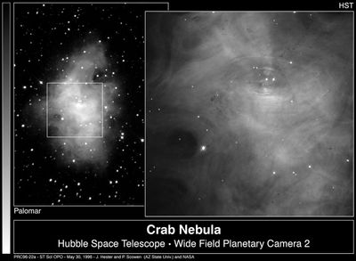 The Crab Nebula From the Ground (left) and Its Interior With Pulsar