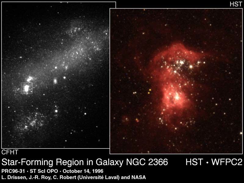 Bright Starbirth Region NGC 2363 in Dim Galaxy NGC 2366