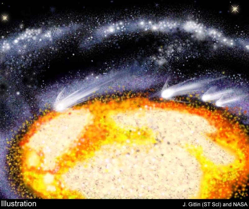 Illustration of Comet-Like Objects Racing Through Galaxy's Center
