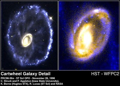 Supersonic Comet-Like Objects (right) in Heart of the Cartwheel Galaxy (left)