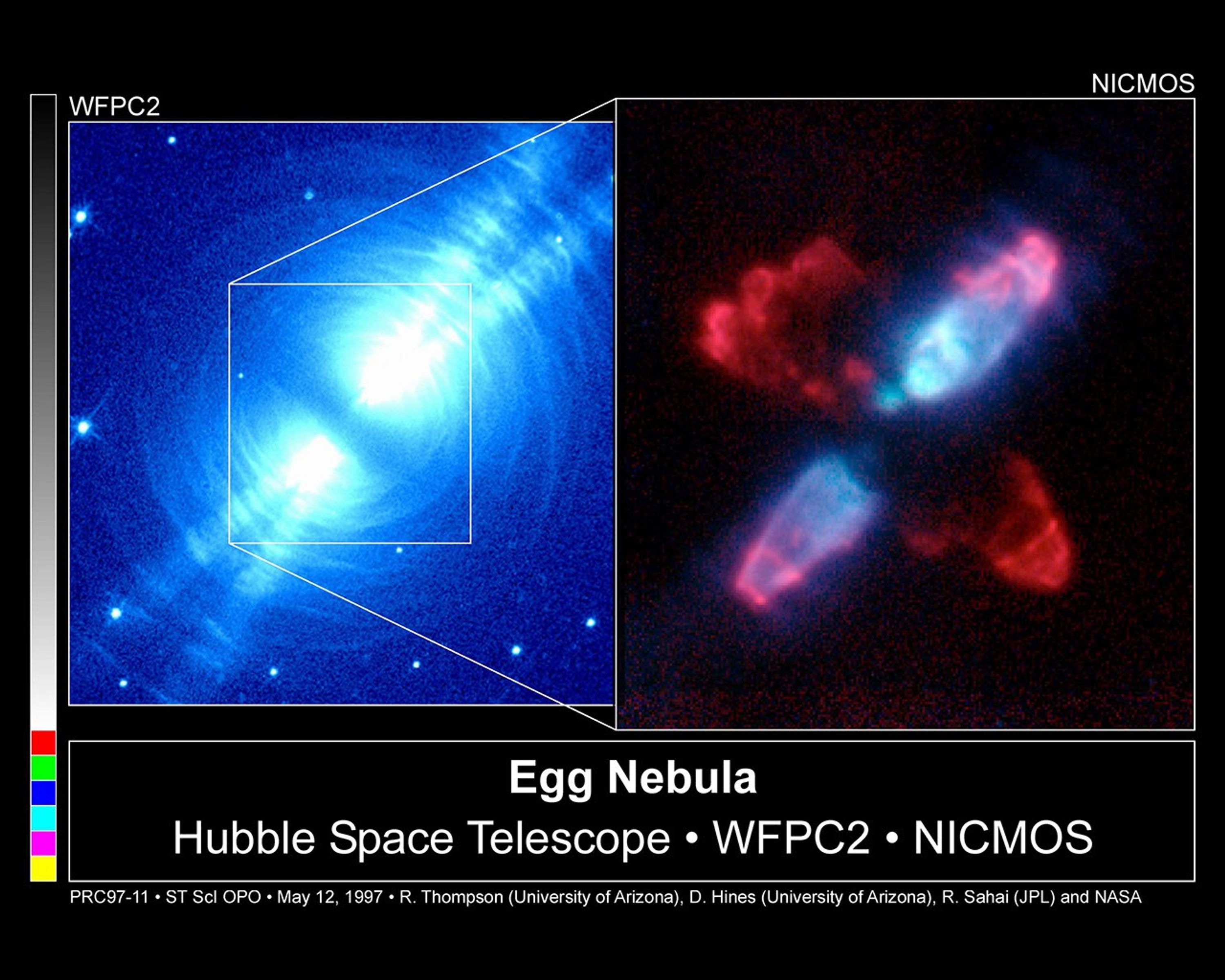 The Egg Nebula (CRL 2688) in Visible Light (left) and Infrared (right)