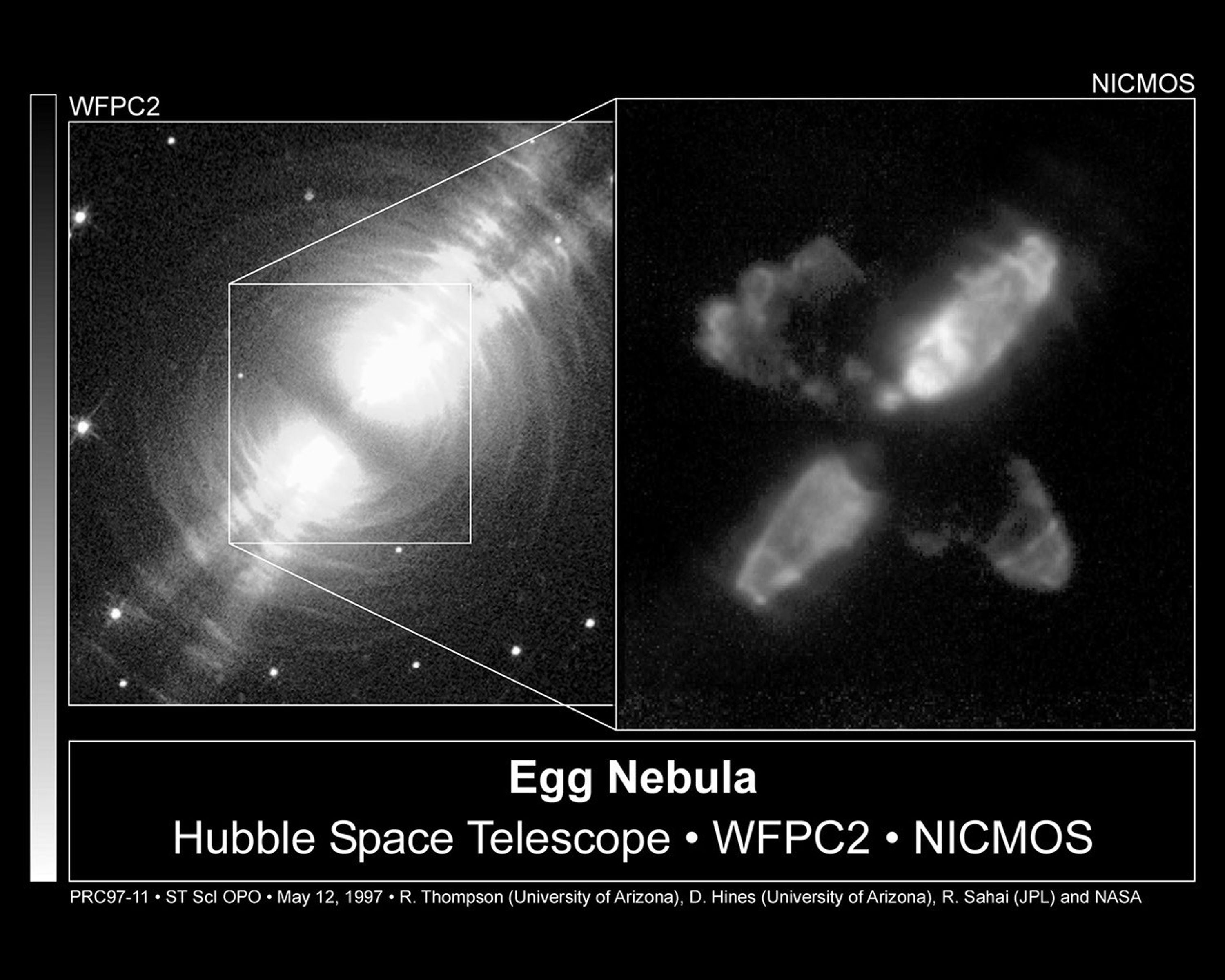 The Egg Nebula (CRL 2688) in Visible Light (left) and Infrared (right)