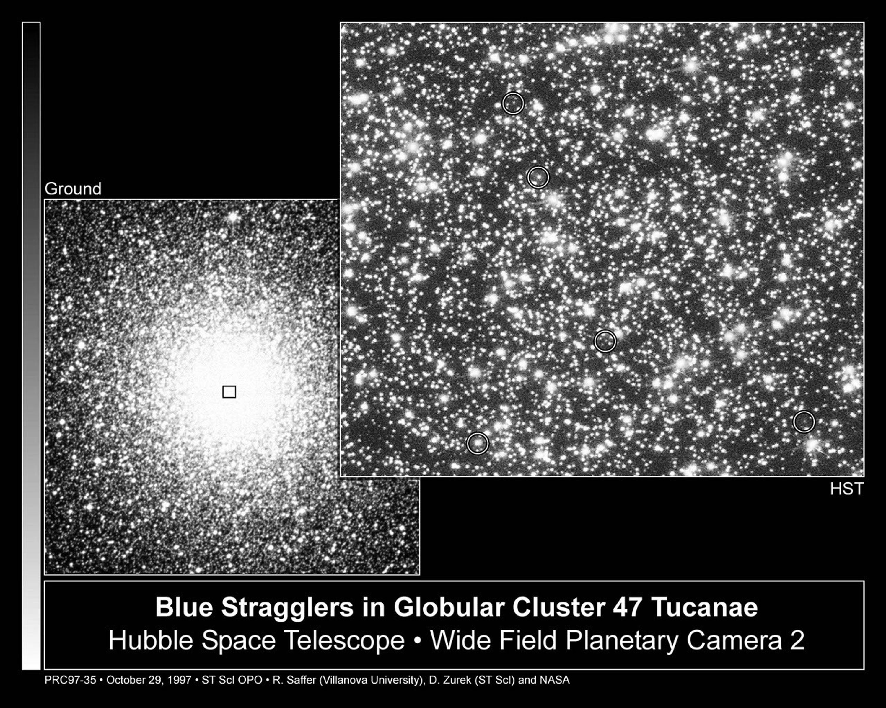 Rejuvenated Stars, called "Blue Stragglers," in Globular Cluster 47 Tucanae (left)