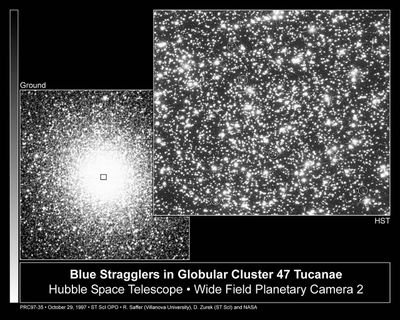 Rejuvenated Stars, called “Blue Stragglers,” in Globular Cluster 47 Tucanae (left)