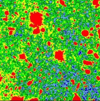 Hubble Deep Field: False-Color Image Showing Distant Galaxies and Stars in Red