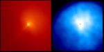 The Inner Coma of Comet Hyakutake: Sunlight Scattered By Dust (left) and Ultraviolet Radiation From Hydrogen (right)