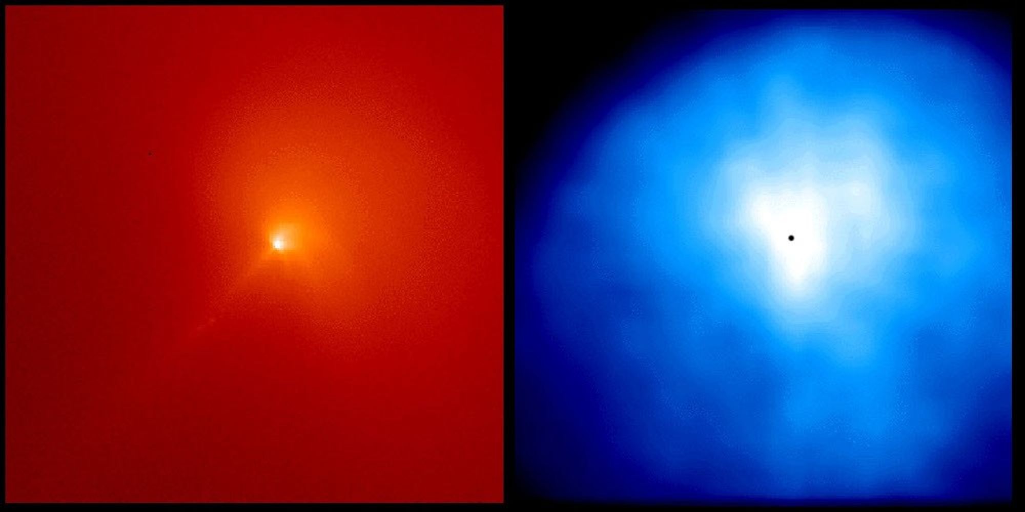 The Inner Coma of Comet Hyakutake: Sunlight Scattered By Dust (left) and Ultraviolet Radiation From Hydrogen (right)