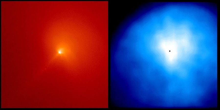 The Inner Coma of Comet Hyakutake: Sunlight Scattered By Dust (left) and Ultraviolet Radiation From Hydrogen (right)