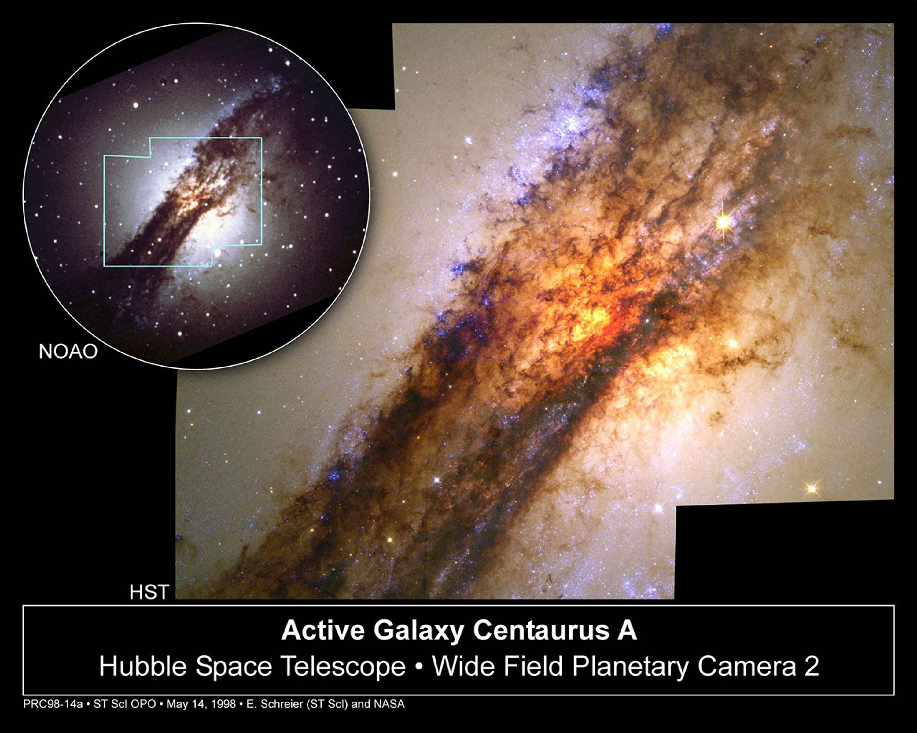 Turbulent Cauldron of Starbirth in Galaxy Centaurus A, With Ground View (inset)