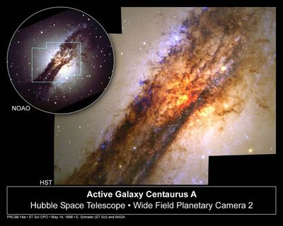 Turbulent Cauldron of Starbirth in Galaxy Centaurus A, With Ground View (inset)