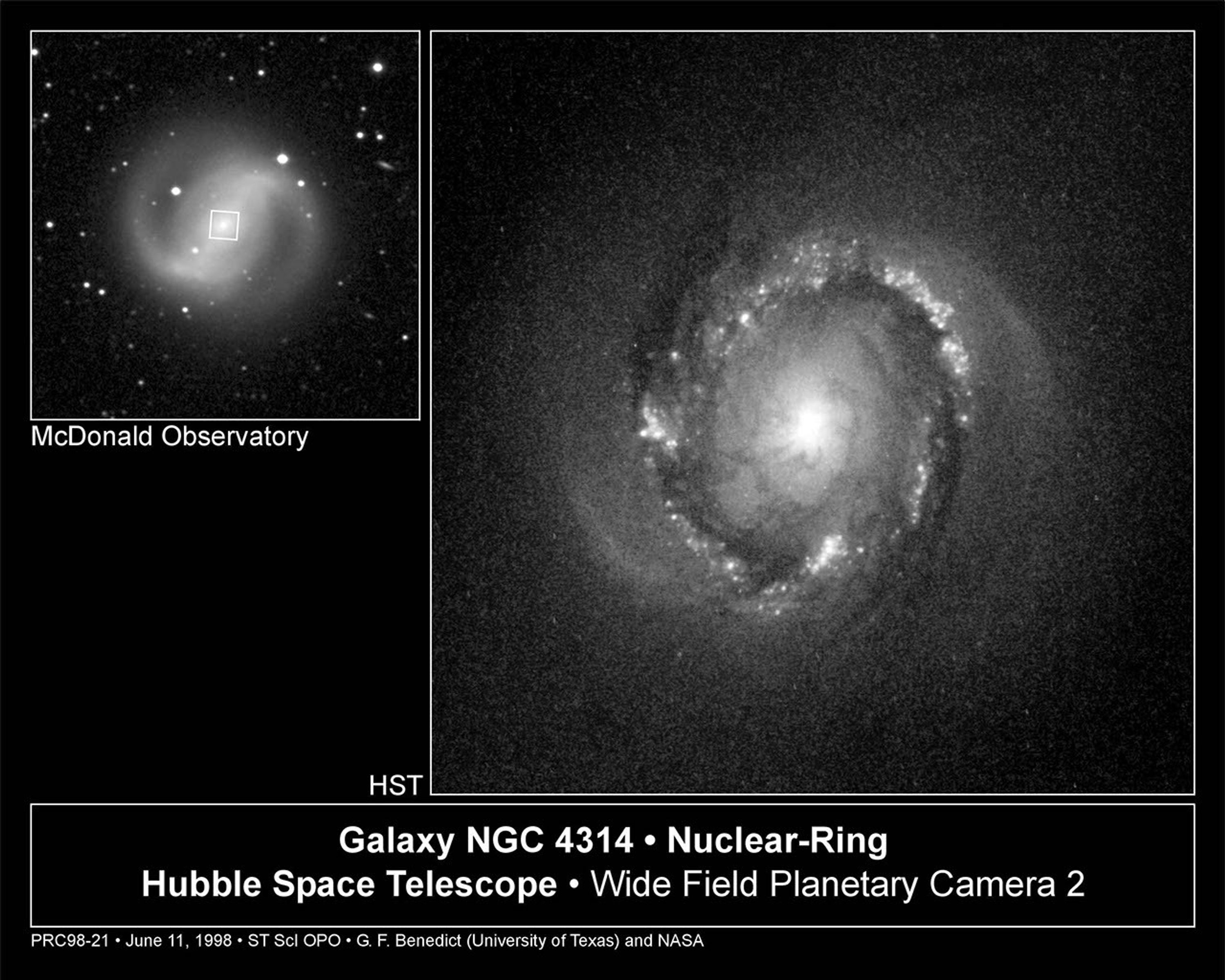 A Bright Ring of Star Birth Around Core of Galaxy NGC 4314 (right), and Ground-Based Image (left)