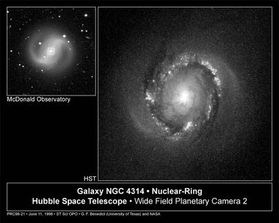 A Bright Ring of Star Birth Around Core of Galaxy NGC 4314 (right), and Ground-Based Image (left)