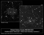 Views of Galaxy Cluster MS1054-0321 From Ground and X-Ray Observatories (left) and Hubble (right)