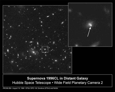 Hubble Captures View of Supernova Blast in Remote Galaxy Cluster