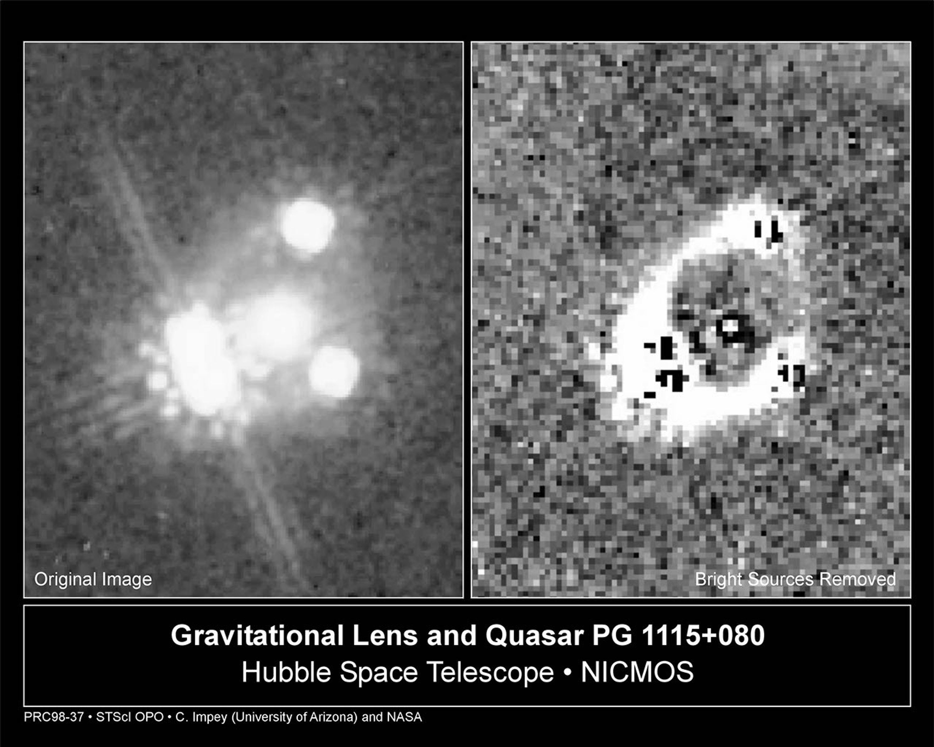 Split, Distorted Light From Quasar PG1115+080 (left) and a Stretched Ring of Galactic Light (right)