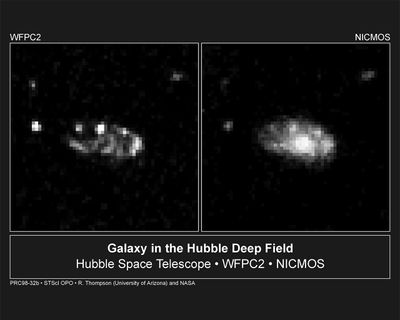 A Spiral Galaxy From the Hubble Deep Field in Visible (left) and Infrared Light (right)