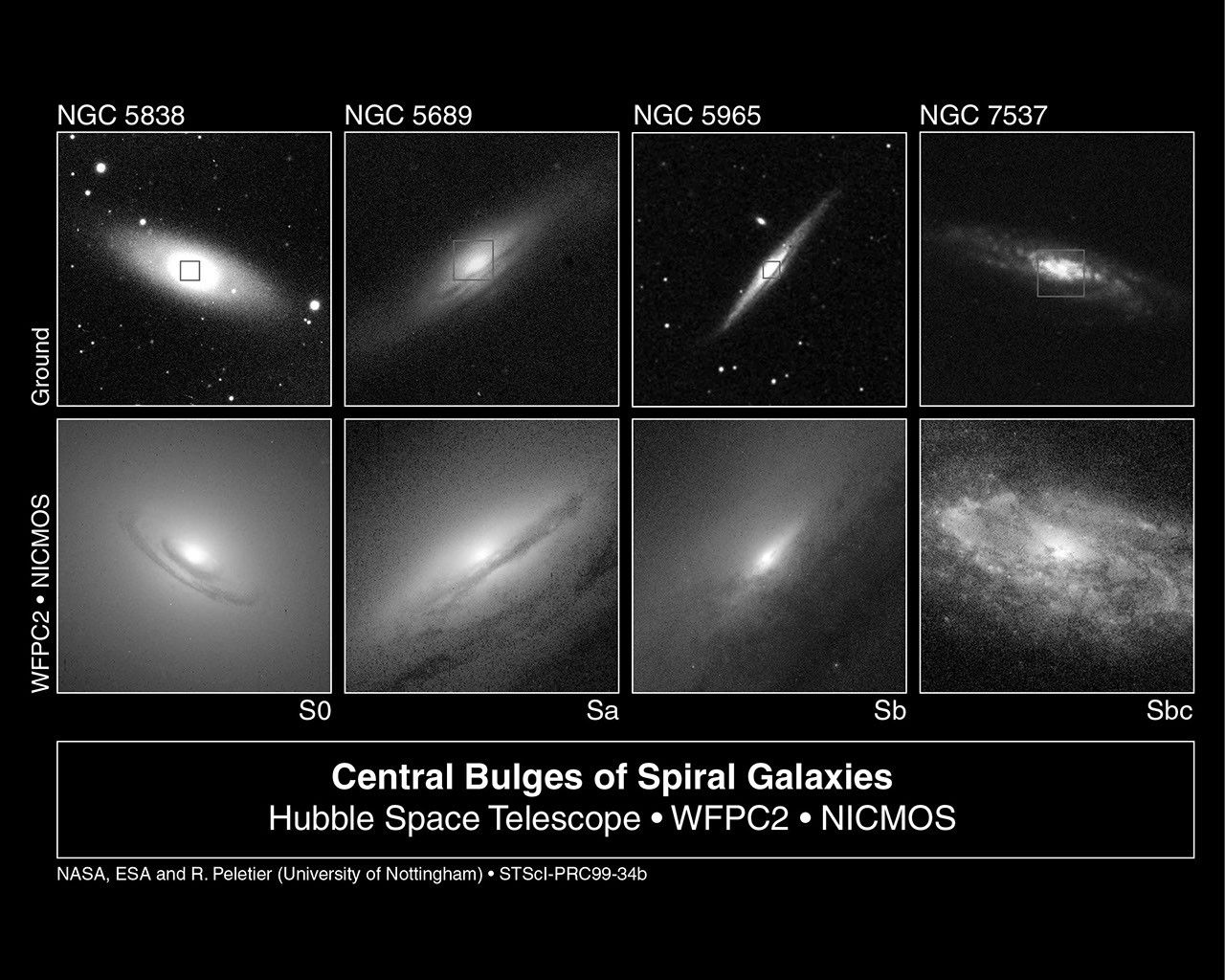 Four Spiral Galaxies, From Ground (upper) and Hubble (lower)