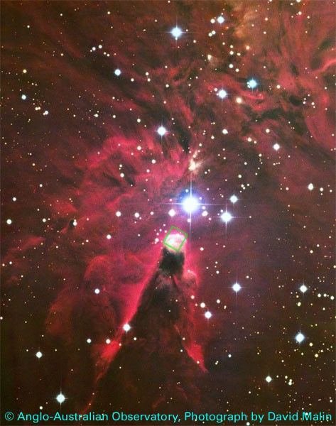 Ground-Based Visible-Light Image of the Cone Nebula With Outline of the NICMOS Infrared-Light Image