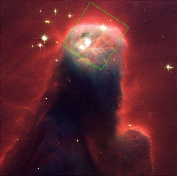 HST/ACS Visible-Light Image of the Cone Nebula With Outline of the NICMOS Infrared-Light Image