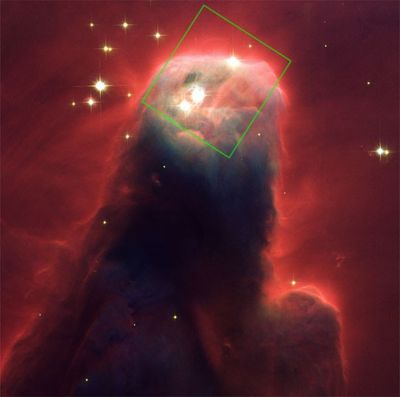 HST/ACS Visible-Light Image of the Cone Nebula With Outline of the NICMOS Infrared-Light Image