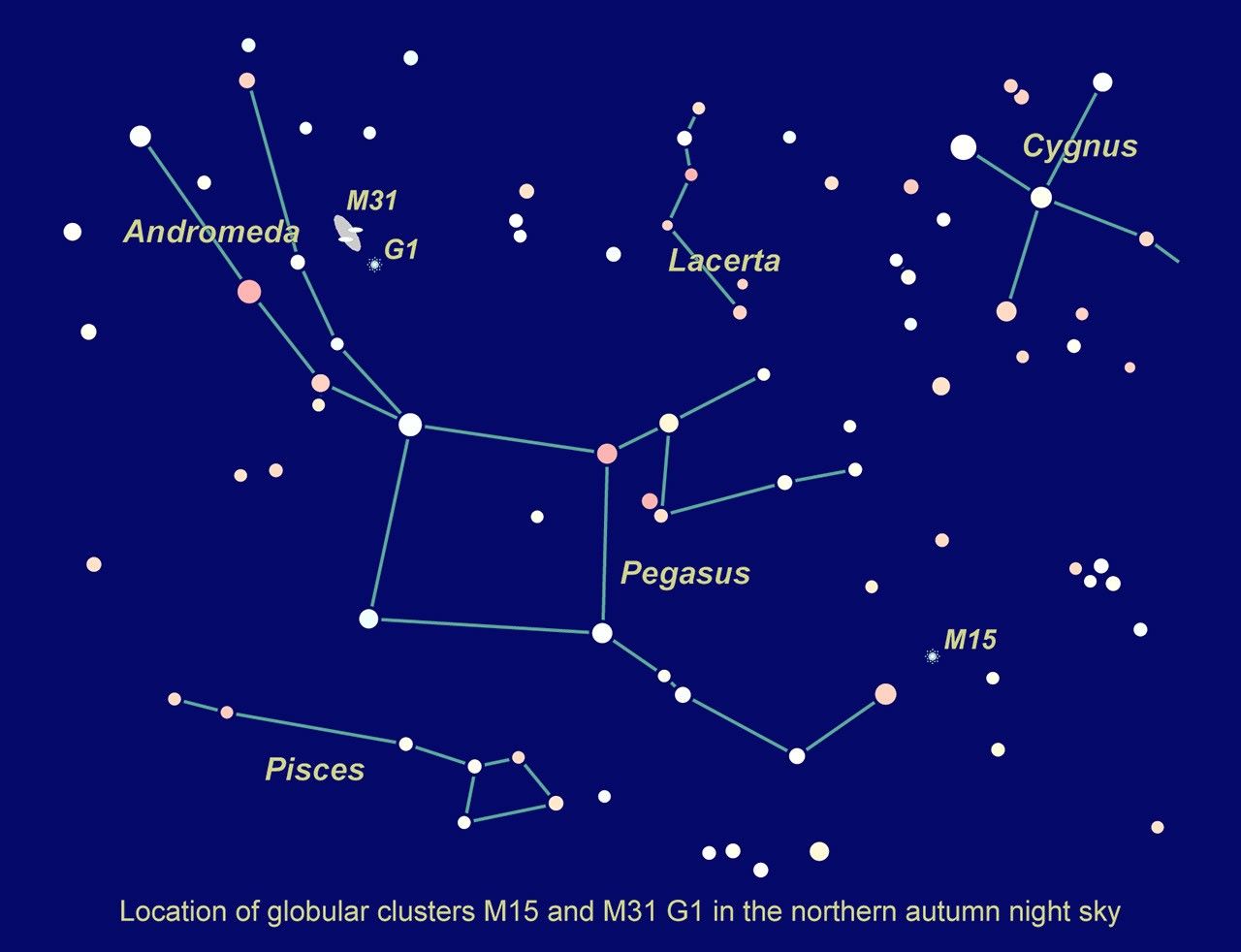 Location of M15 and M31 G1 in the Northern Autumn Sky