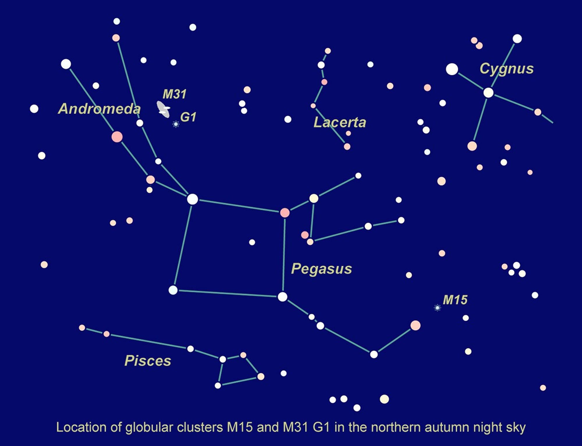 Location of M15 and M31 G1 in the Northern Autumn Sky