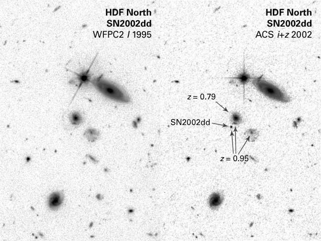 Black and White Version of WFPC2 and ACS, both I-Band, Before and During SN 2002dd, with Labels