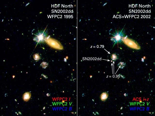 WFPC2 and ACS Composite, Before and During SN 2002dd, with Labels