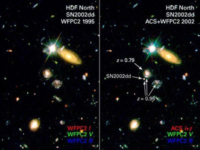 WFPC2 and ACS Composite, Before and During SN 2002dd, with Labels