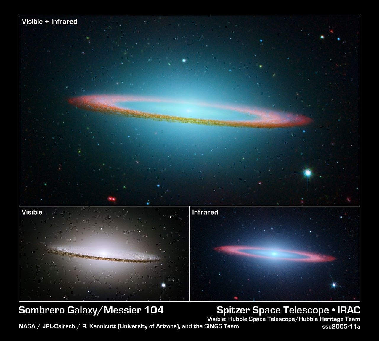 The Sombrero Galaxy in Visible, Infrared, and Composite