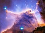 A purple-hued image with a dense, square-shaped cloud in the middle, and two stars.