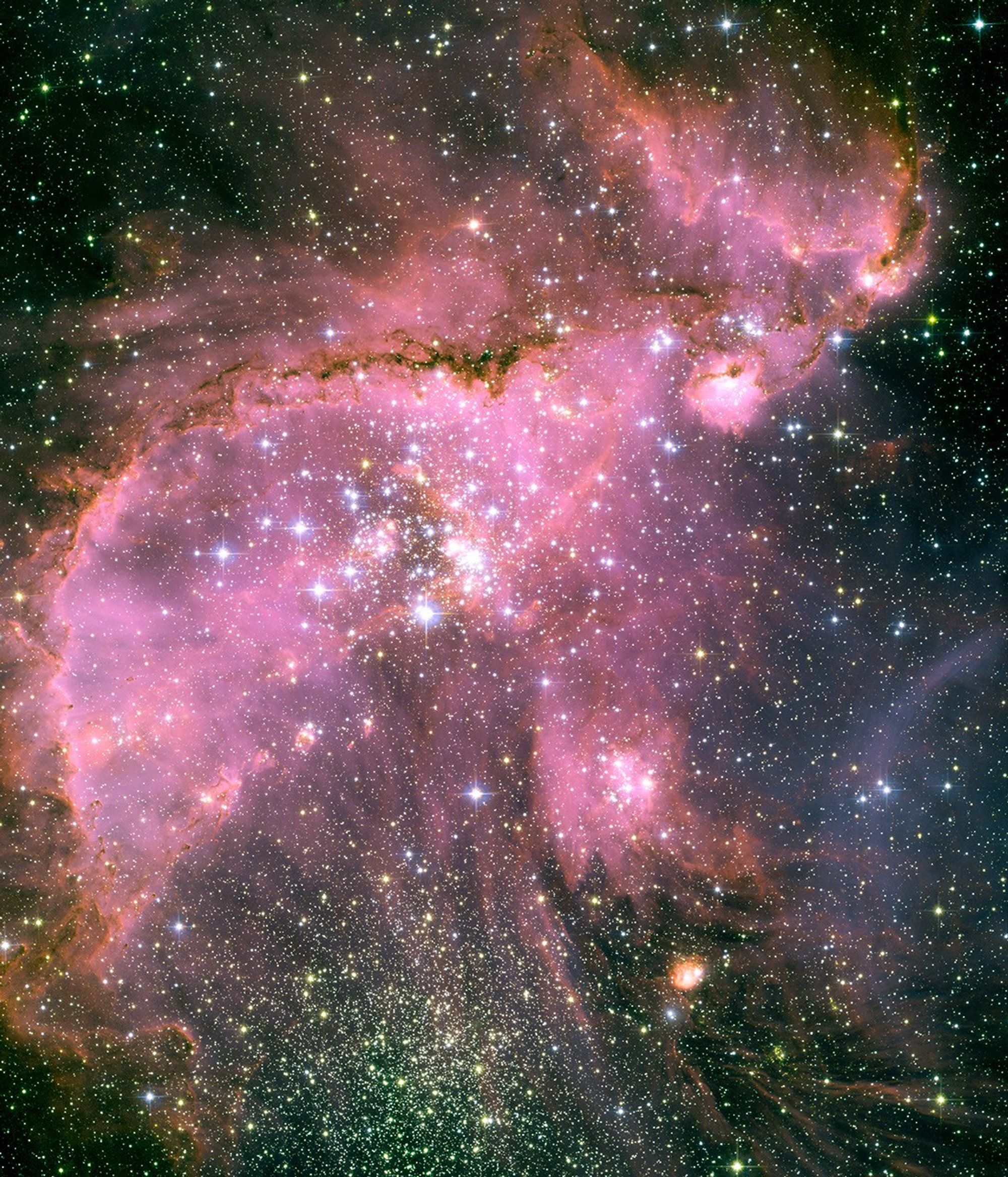 Against a dark swath of space, a bright pink, cloudy region is in the center, roughly resembling the shape of a pig.
