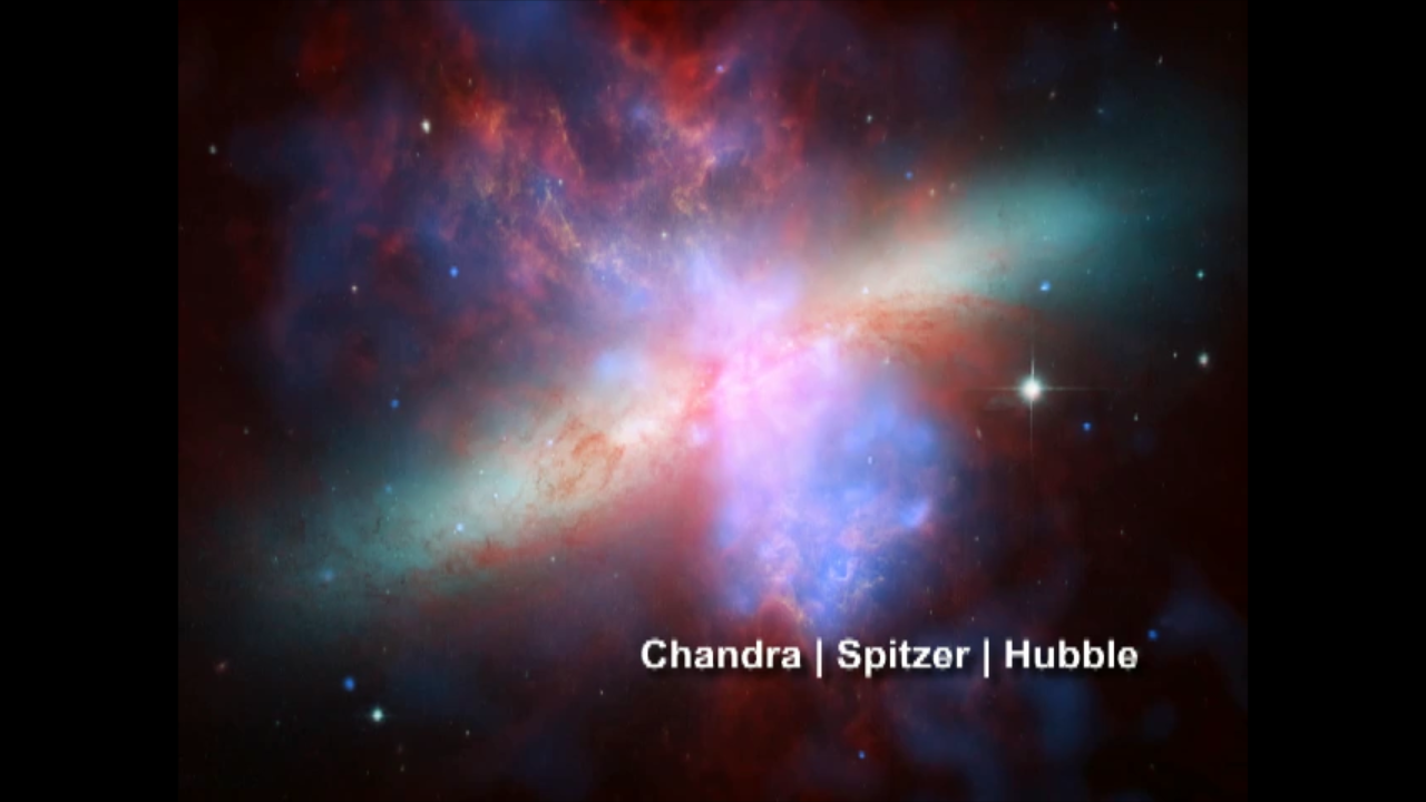 M82 Great Observatories – Chandra/Spitzer/Hubble (Annotated)