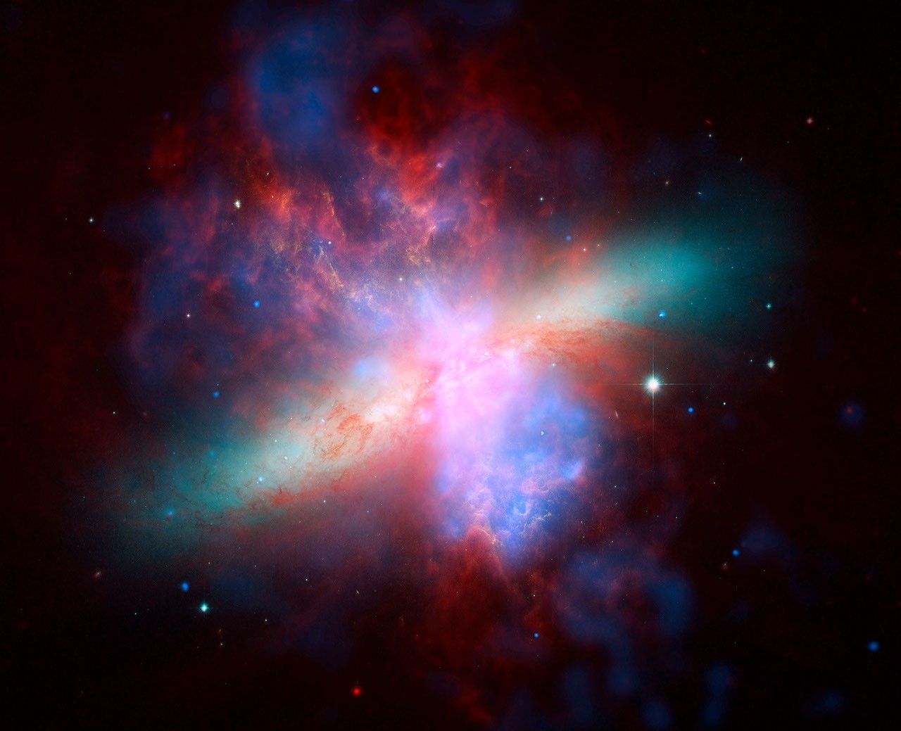 Chandra/Hubble/Spitzer X-ray/Visible/Infrared Image of M82