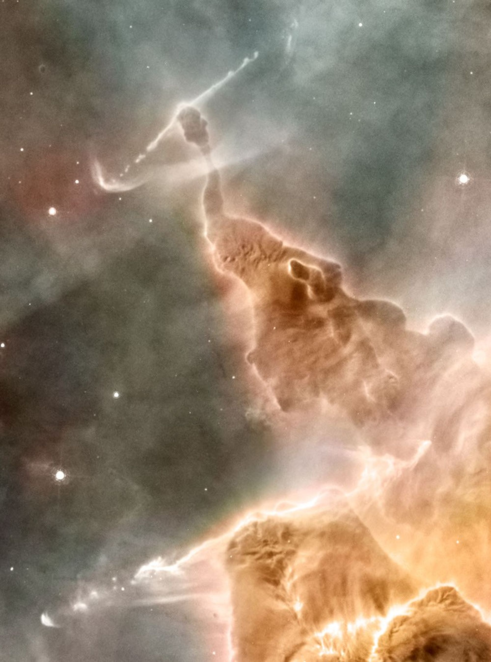Strange-looking formations of gas and dust, eroded away by stellar winds and silhouetted by unseen stars, including an eroded pillar, has an almost reptilian appearance, with a body and thin neck, topped by a rounder head.