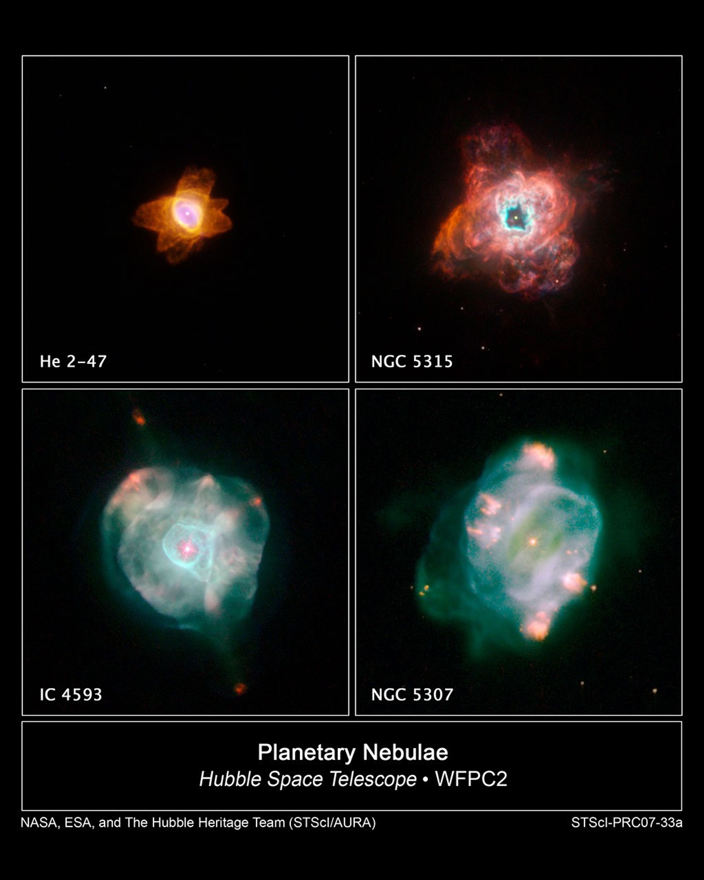 Four planetary nebulas with compass and scale