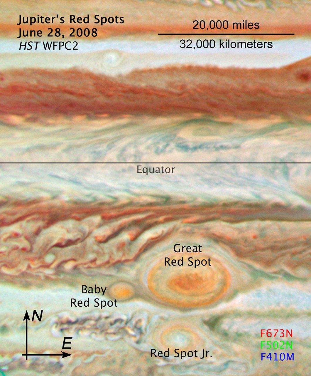 Jupiters Red Spots June 28, 2008 (Annotated)