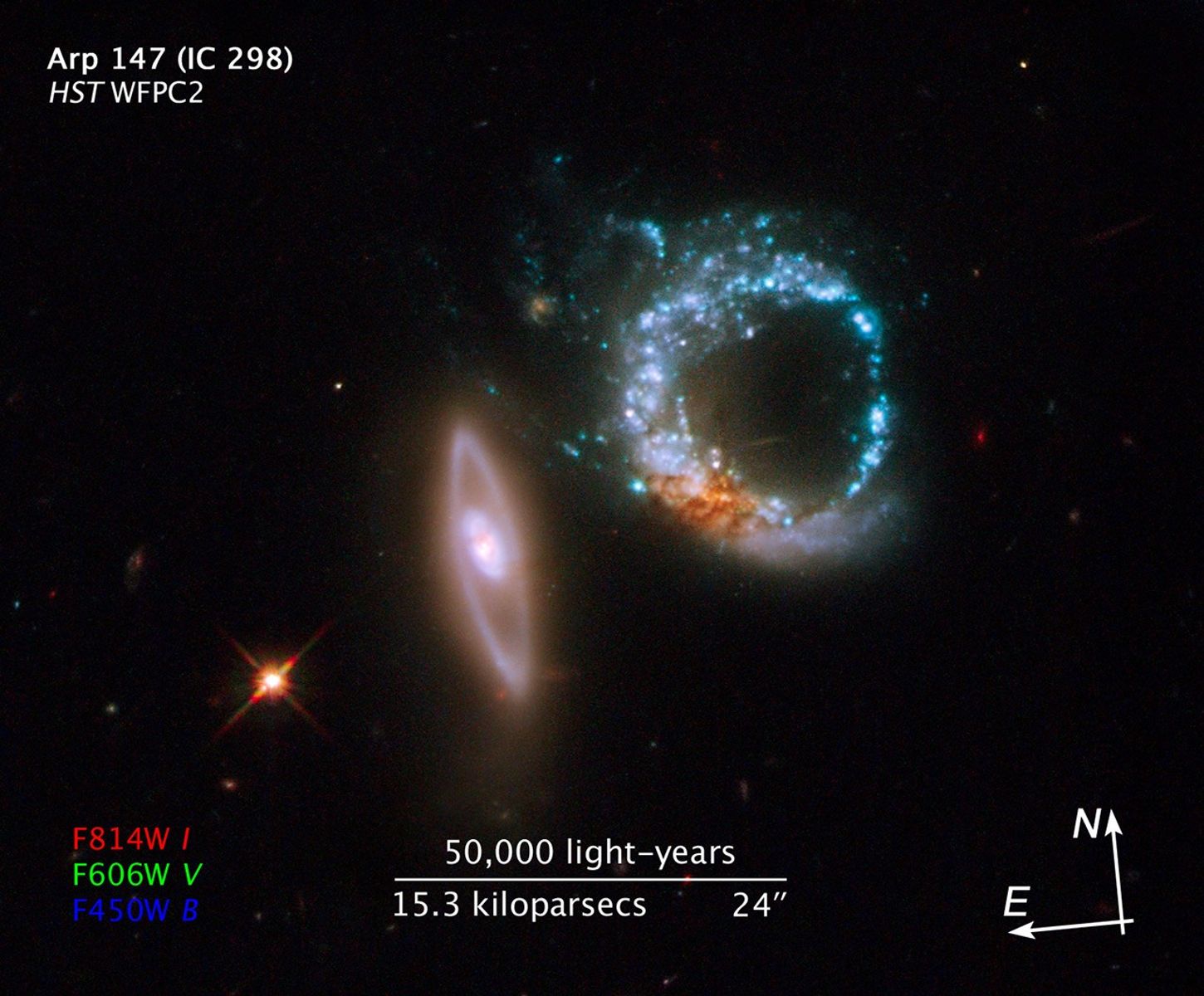 Interacting galaxies Arp 147 with Compass and Scale overlay