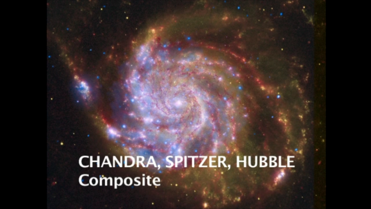 Spitzer-Hubble-Chandra Composite of M101 with text overlay