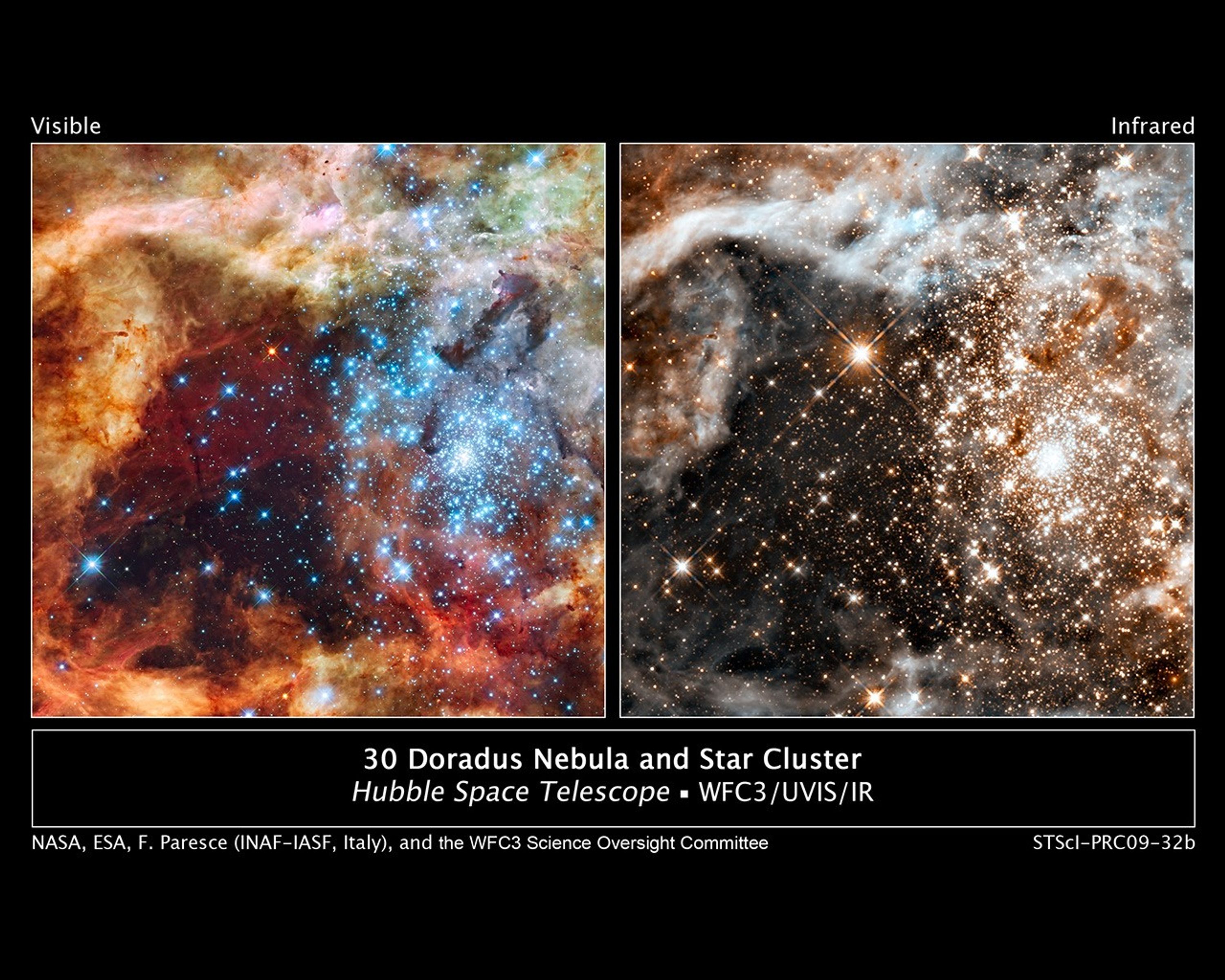 Framed side-by-side comparison of 30 Doradus as seen by the Hubble Space Telescope. The image on the left is titled “Visible” and the image on the right is titled “Infrared.” Title text toward the bottom reads “30 Doradus Nebula and Star Cluster, Hubble Space Telescope, WFC3/UVIS/IR.”