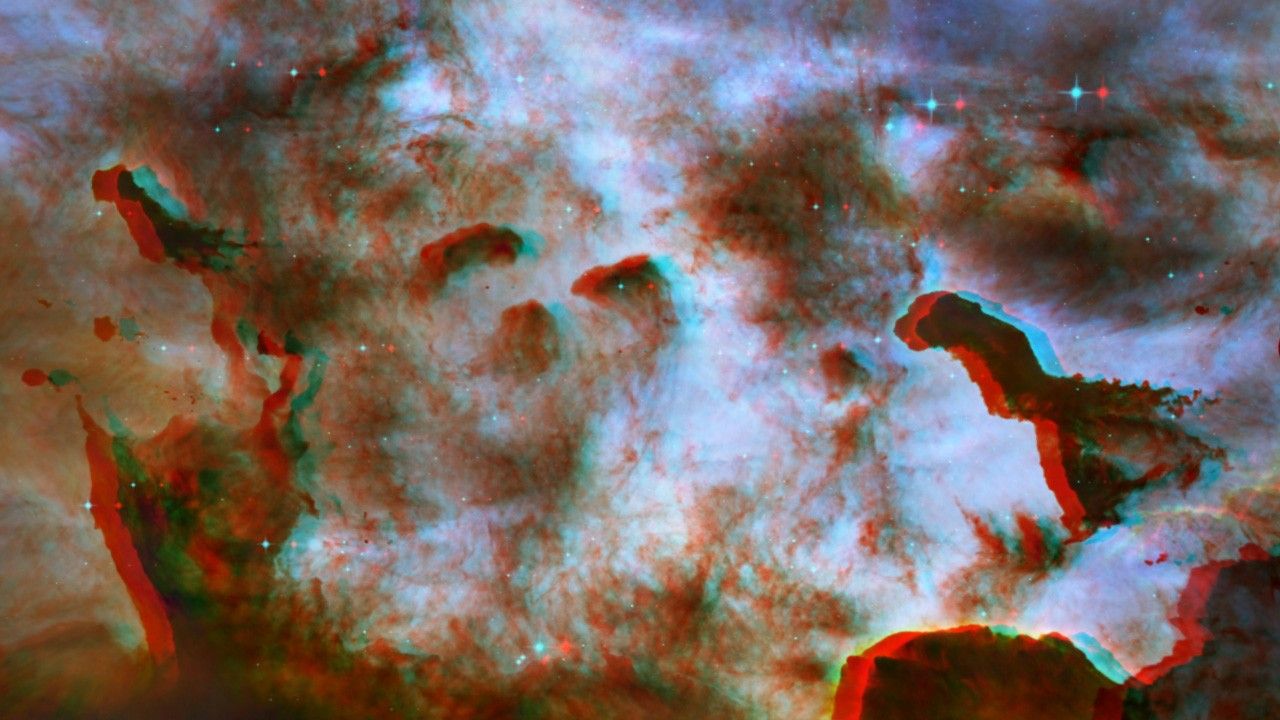 A Stereo 3-D Flight Into the Dark Pillars of Carina