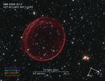 Image titled “SNR 0509-67.5, HST ACS/WFC WFC3/UVIS” with compass arrows, scale bar, and color key.
