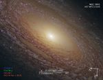 Image titled “NGC 2841, HST WFC3/UVIS” with compass arrows, scale bar, and color key.