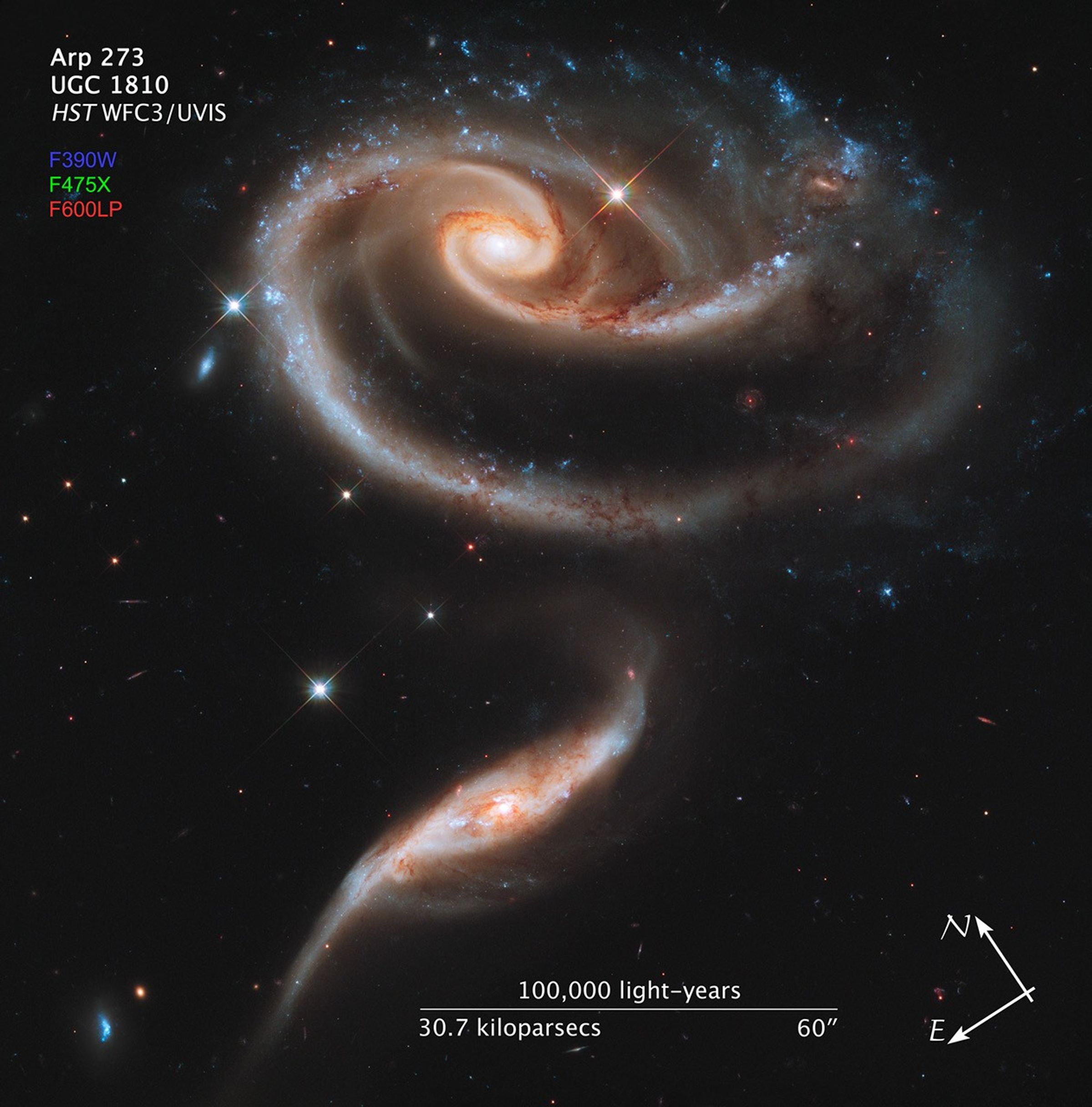 Image titled “Arp 273, UGC 1810, HST WFC3/UVIS” with compass arrows, scale bar, and color key.