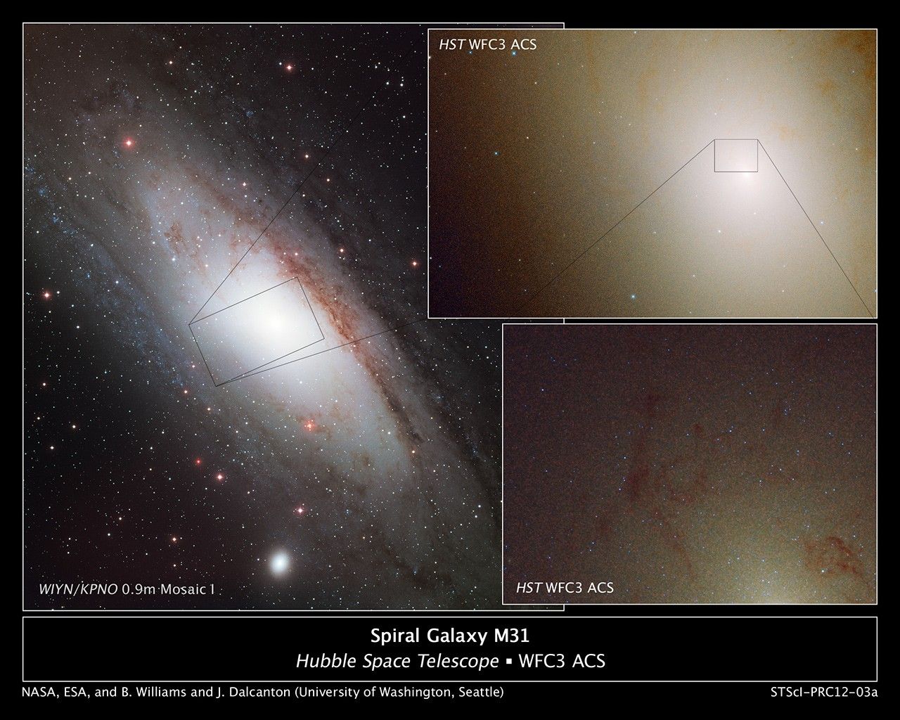 At left is a view of the entire Andromeda galaxy. On the right are two images that show sections of the galaxy.