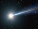 An artist's impression of a bright white quasar with a bluish jet reaches diagonally across the image from the bottom left to the top right. Tiny galaxies are sprinkled across the dark background of space.