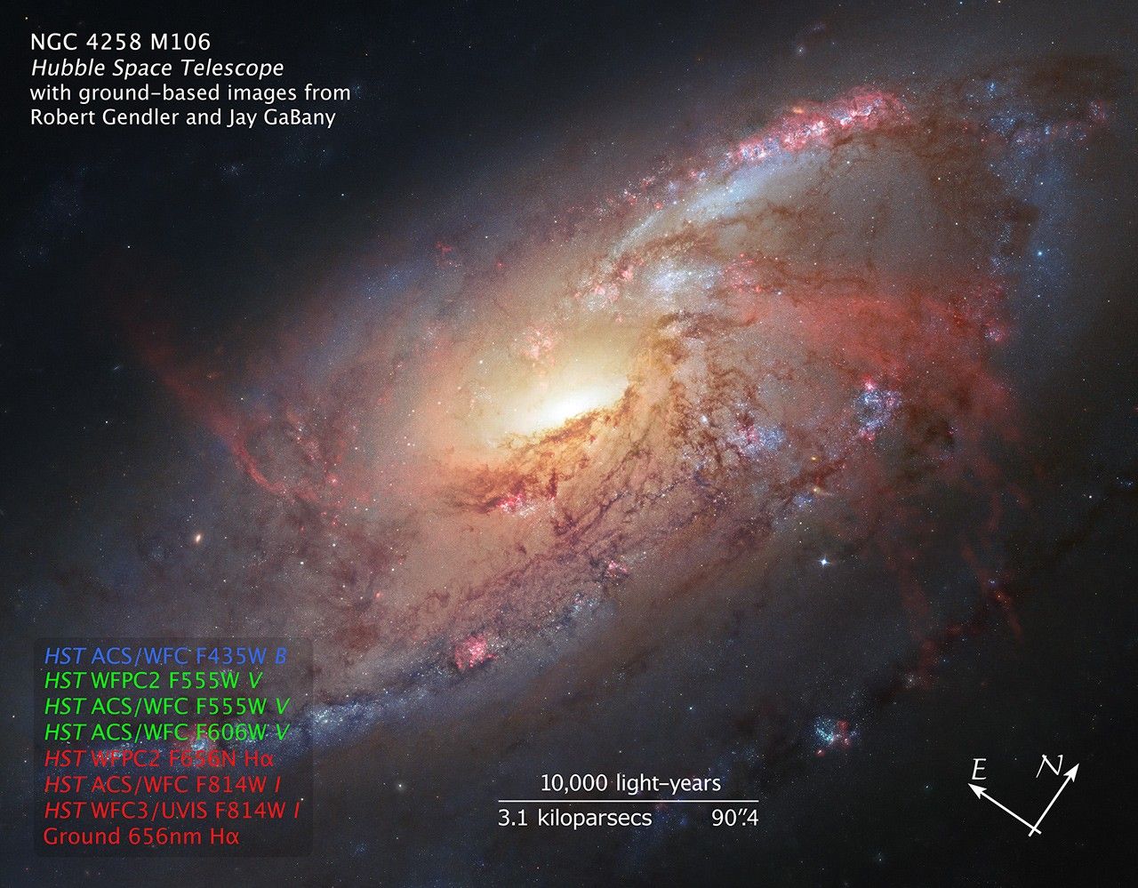 Image titled “NGC 4258 M106, Hubble Space Telescope with ground-based images from Robert Gendler and Jay GaBany” with compass arrows, scale bar, and color key.