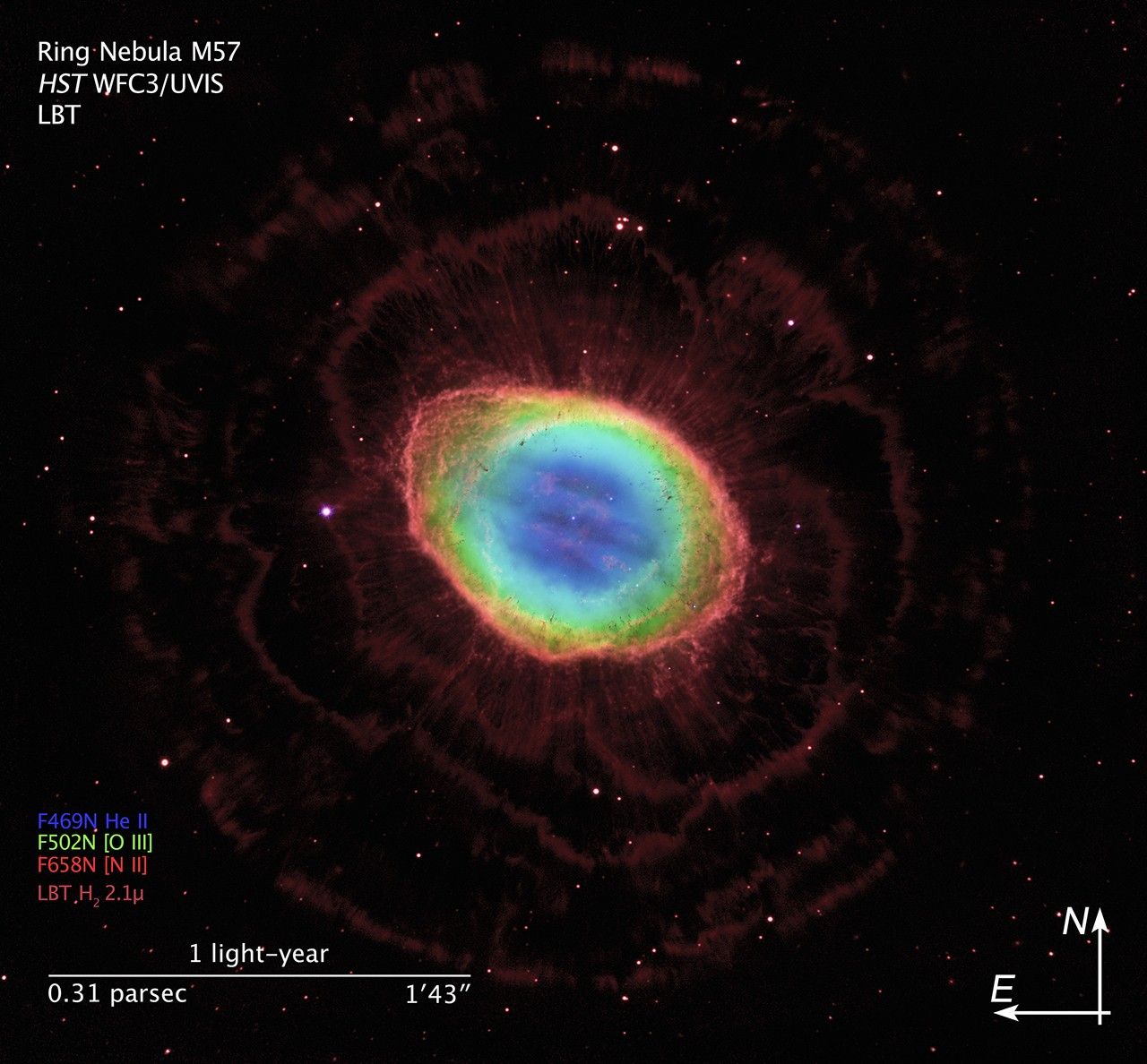 Compass and Scale Image for Ring Nebula (HST and LBT)