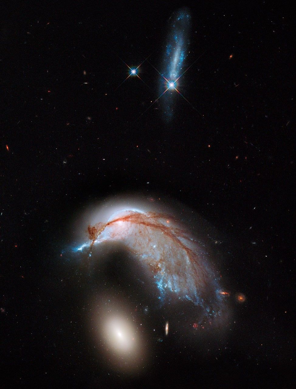 Three galaxies in a vertical image. Top one is small, blue, and vertical. The middle galaxy is half-curved around the lower galaxy and by far the largest. The lowest galaxy is a bright white orb.