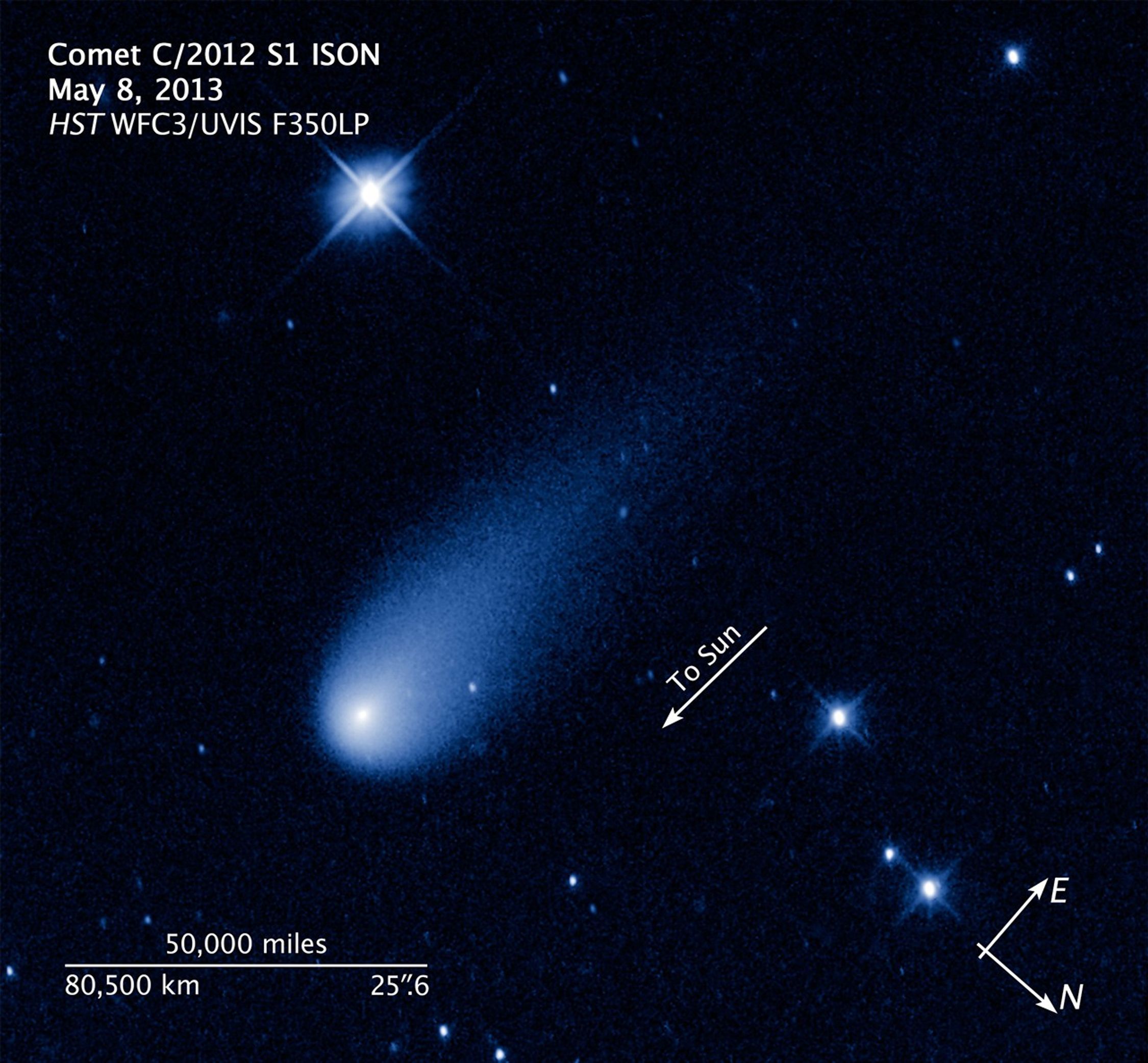 Image of a blue and white comet on a dark star-covered background with compass arrows, scale bar, and color key for reference.